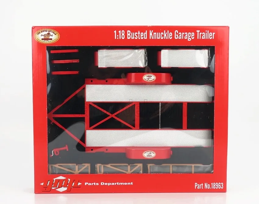 1/18 (Gmp) CARRELLO TRANSPORTO AUTO 2 ASSI CAR TRANSPORTER TRAILER THE BUSTED KNUCKLE GARAGE (Kırmızı ve Metalik Gümüş)