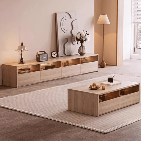 KTV-027 Modern Dikdörtgen TV Ünitesi Ahşap Çekmeceli Işıklı
