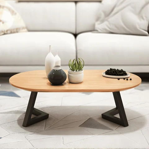 KC-0186 Modern Oval MDF Orta Sehpa, Siyah Metal Ayaklı