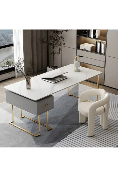 ÇLM0468 Modern Dikdörtgen Çalışma Masası MDF Üstlü Metal Ayaklı Çekmeceli 140cm