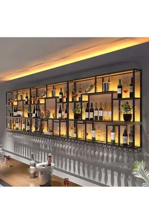 ŞRP5348 Modern Endüstriyel Metal Duvara Monte Şarap Dolabı Rafı