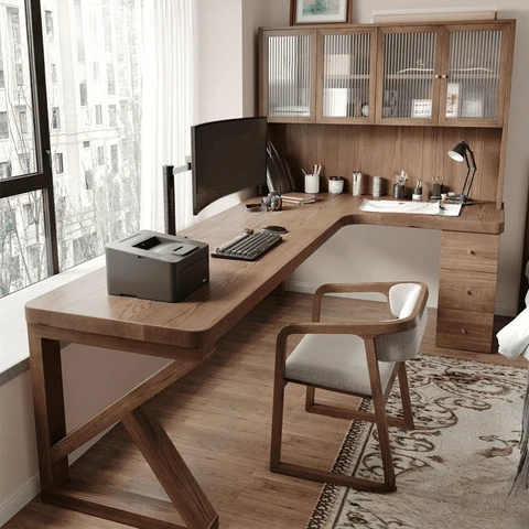 ÇLM48155 Modern Ahşap Kahverengi L Şekilli Üst Dolaplı Çalışma Masası