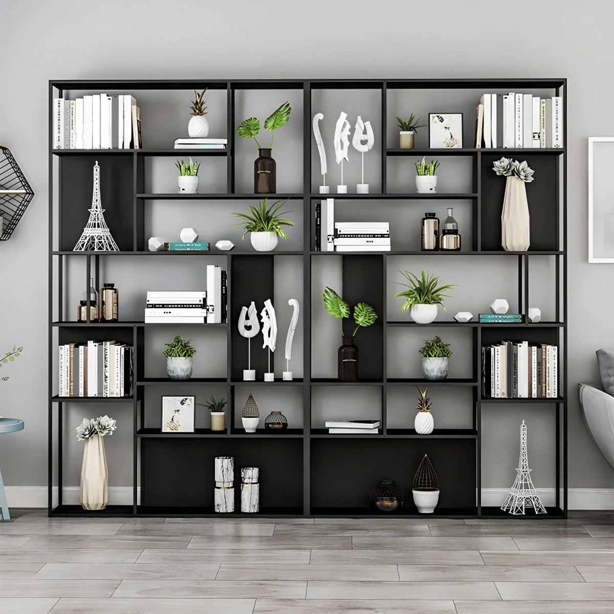 KC-0224 Modern Metal Etajer Kitaplık, 10 Raflı Açık Tasarım, Siyah