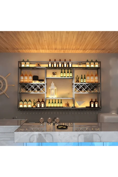 KC-0252 Endüstriyel Metal Duvara Monte Şarap Rafı Cafe Bar Otel Şaraplık