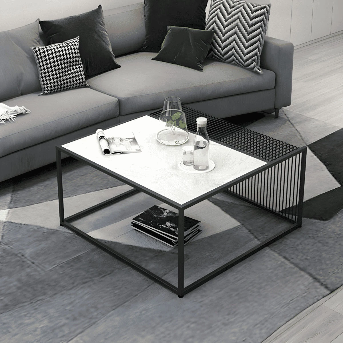 SHP03079 Modern Kare MDF Tablalı Metal Çerçeveli Orta Sehpa