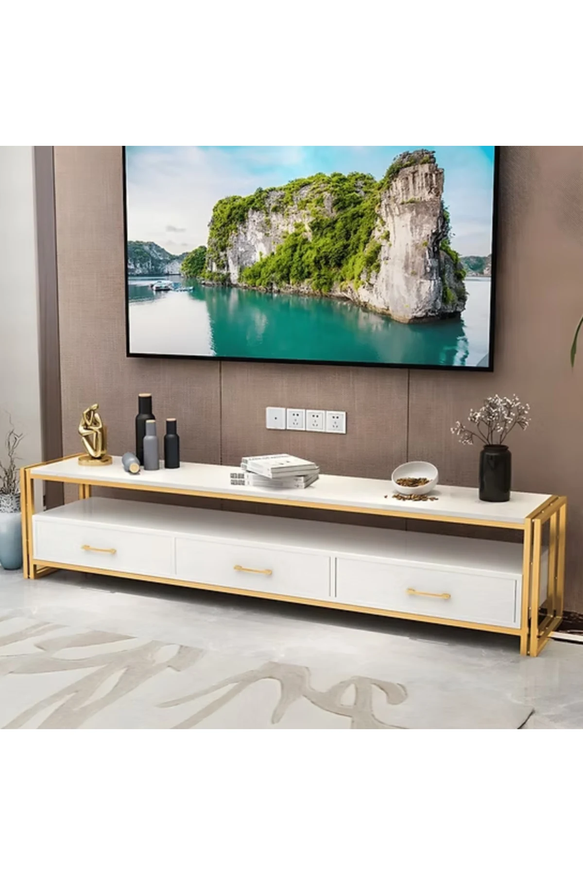 KTV-01 Modern Dikdörtgen TV Sehpası Mermer 3 Çekmeceli Açık Raflı 120cm