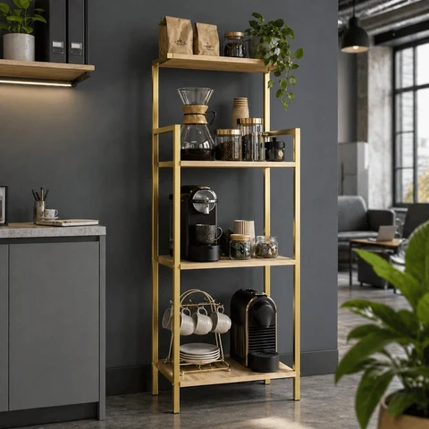 KHV6238 Modern Metal Ahşap Kahve Köşesi Rafı