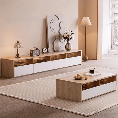KTV-027 Modern Dikdörtgen TV Ünitesi Ahşap Çekmeceli Işıklı