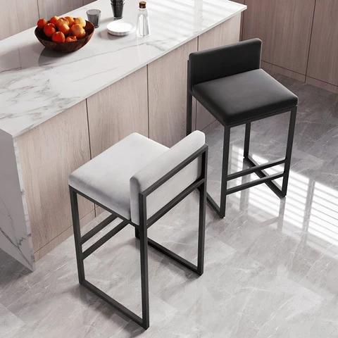 KC-0165 Modern Kolsuz Arkalıklı Tezgah Bar Taburesi, Çelik Kadife