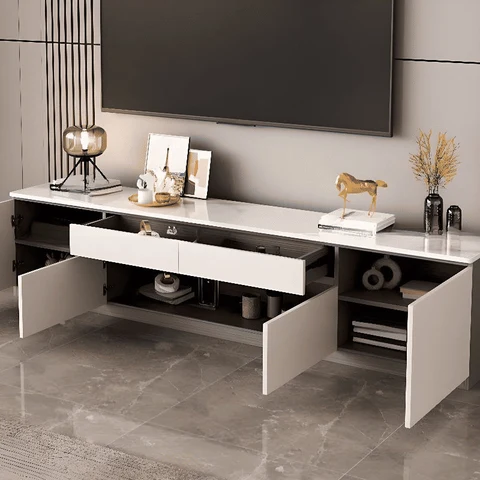 KTV-012 Modern Dikdörtgen TV Sehpası MDF 2 Çekmeceli 3 Dolaplı Beyaz