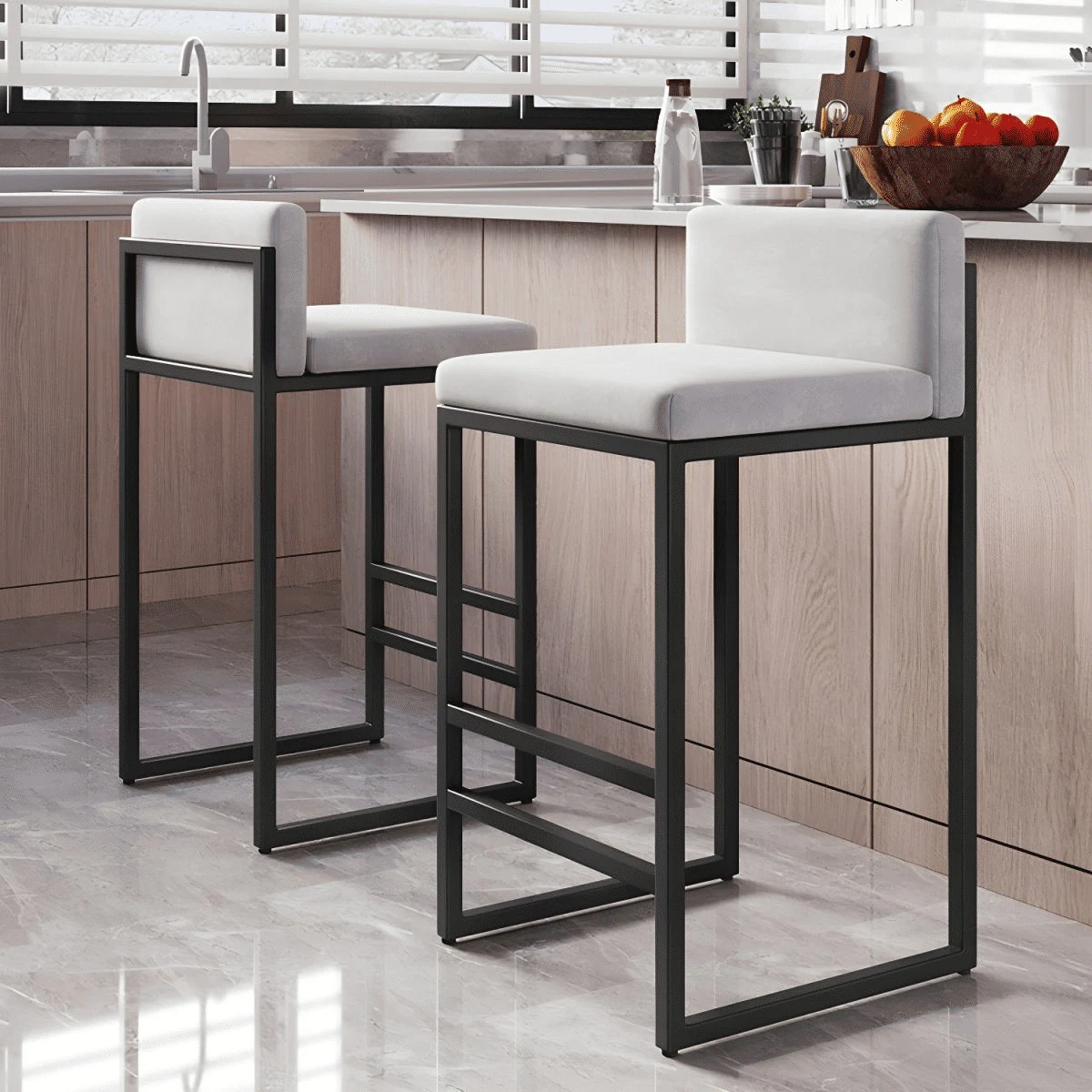 KC-0165 Modern Kolsuz Arkalıklı Tezgah Bar Taburesi, Çelik Kadife