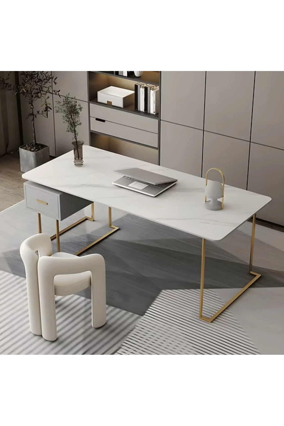 ÇLM0468 Modern Dikdörtgen Çalışma Masası MDF Üstlü Metal Ayaklı Çekmeceli
