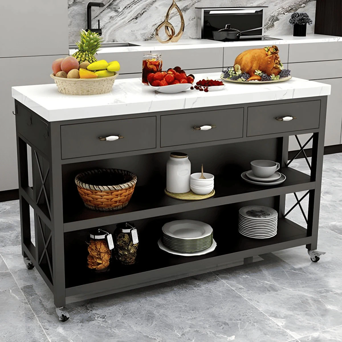 KC-0219 Modern Tekerlekli Mutfak Adası MDF Tezgahlı Çekmeceli Metal Ayaklı