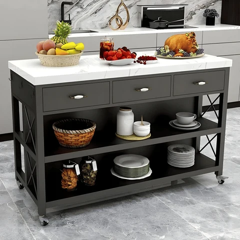 KC-0219 Modern Tekerlekli Mutfak Adası MDF Tezgahlı Çekmeceli Metal Ayaklı