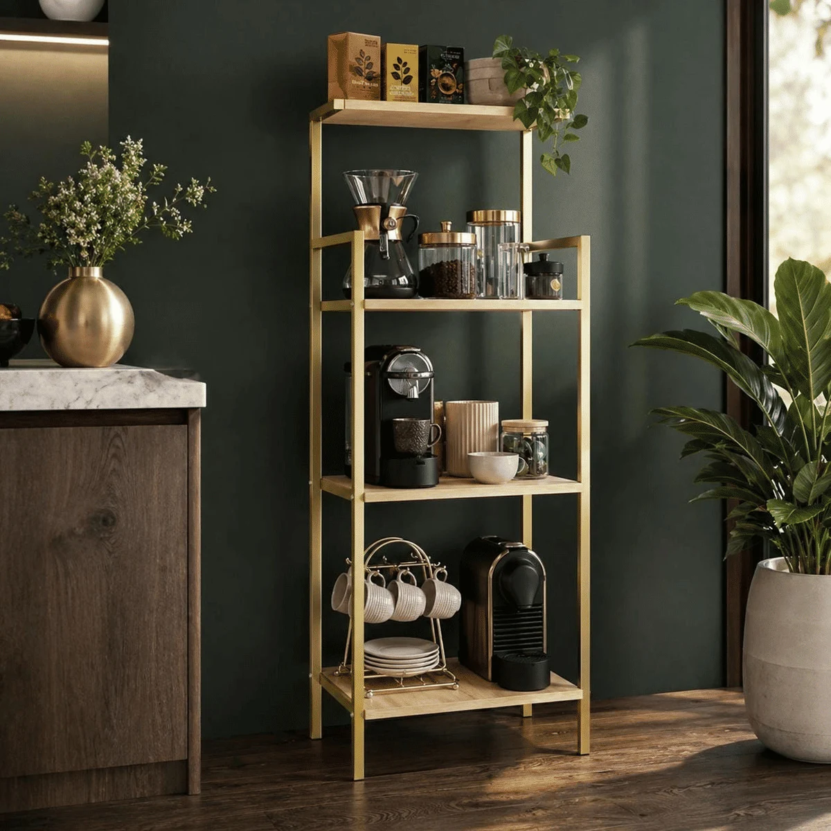 KHV6238 Modern Metal Ahşap Kahve Köşesi Rafı