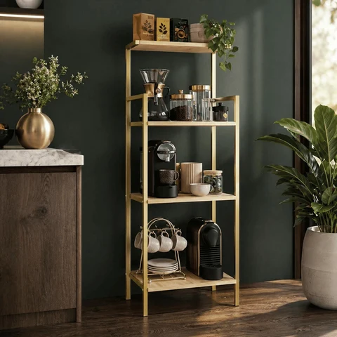 KHV6238 Modern Metal Ahşap Kahve Köşesi Rafı