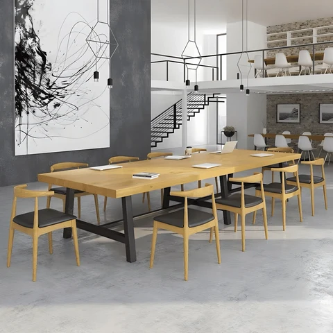 YMK3299 Masif Ahşap Yemek Masası, Metal Ayaklı, Doğal Ahşap