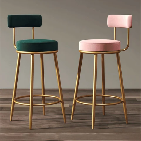 KC-0169 İskandinav Tarzı Kadife Bar Taburesi, Altın Metal Ayaklı
