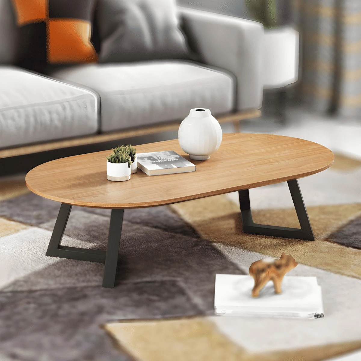 KC-0186 Modern Oval MDF Orta Sehpa, Siyah Metal Ayaklı