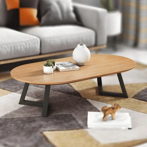 KC-0186 Modern Oval MDF Orta Sehpa, Siyah Metal Ayaklı