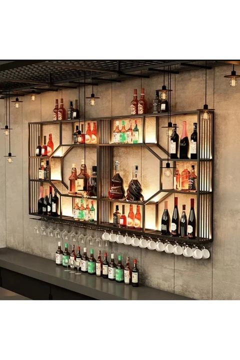 ŞRP1004 Modern Duvara Monte Metal Ahşap Panel Şaraplık Standı