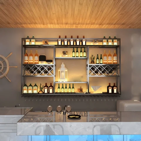 KC-0252 Endüstriyel Metal Duvara Monte Şarap Rafı Cafe Bar Otel Şaraplık