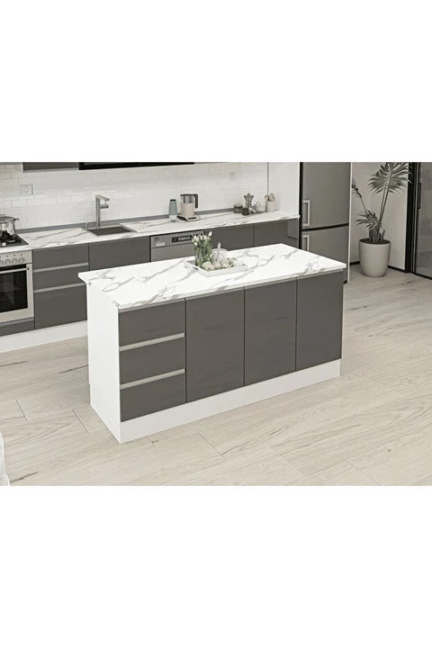 ADA8016 Beyaz Antrasit MDF Ada Mutfak Dolabı 180 cm