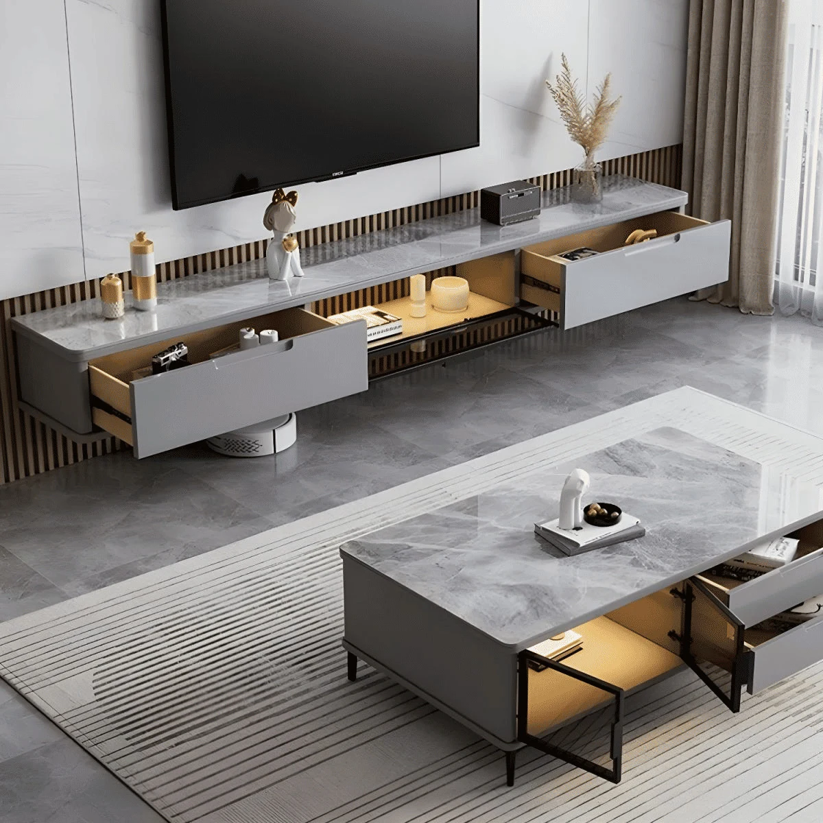 KTV-013 Modern Dikdörtgen TV Sehpası MDF 2 Çekmeceli Dolaplı 200 cm