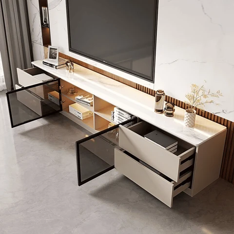 KTV-021 Modern Dikdörtgen TV Sehpası Ahşap 4 Çekmeceli Raflı
