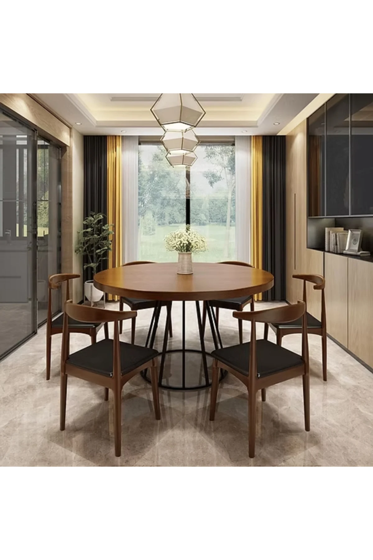 YMK4608 Modern Yuvarlak Yemek Masası Ahşap Metal Ayaklı