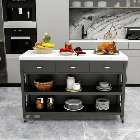KC-0219 Modern Tekerlekli Mutfak Adası MDF Tezgahlı Çekmeceli Metal Ayaklı