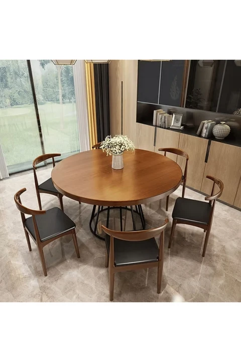 YMK4608 Modern Yuvarlak Yemek Masası Ahşap Metal Ayaklı