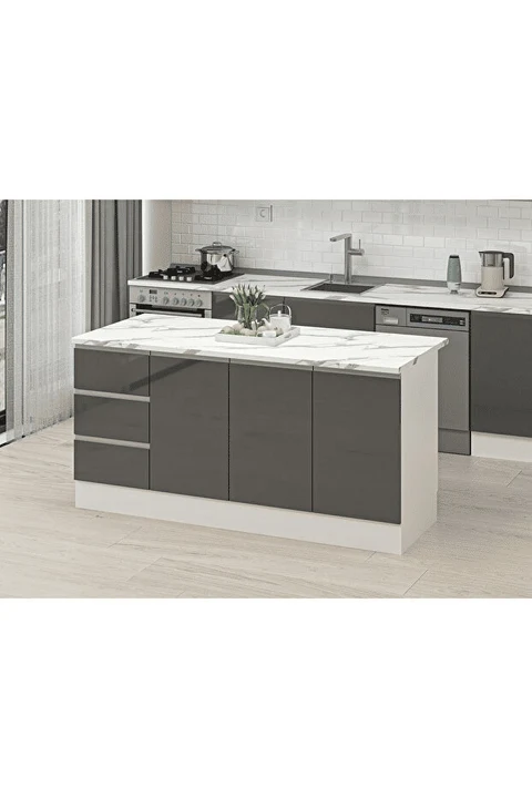 ADA8016 Beyaz Antrasit MDF Ada Mutfak Dolabı 180 cm