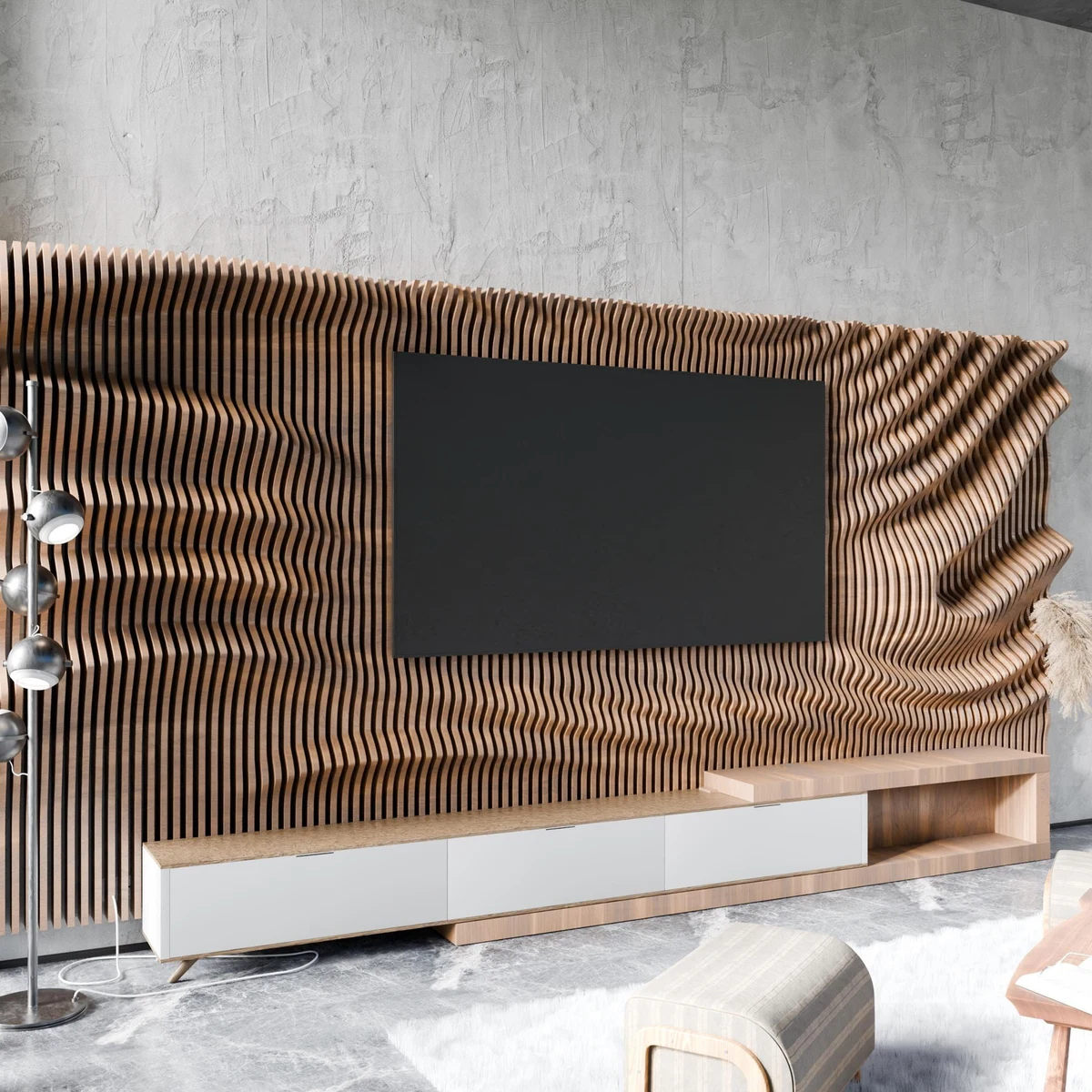 PRM822 Modern Parametrik Dalgalı Ahşap TV Ünitesi
