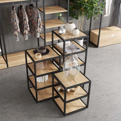 KC-054 Ahşap Raflı Metal Çerçeveli Modern Ürün Masası Mağaza Vitrin Tasarımı