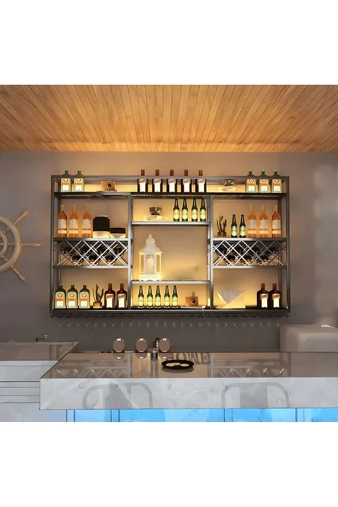 KC-0252 Endüstriyel Metal Duvara Monte Şarap Rafı Cafe Bar Otel Şaraplık 150cm