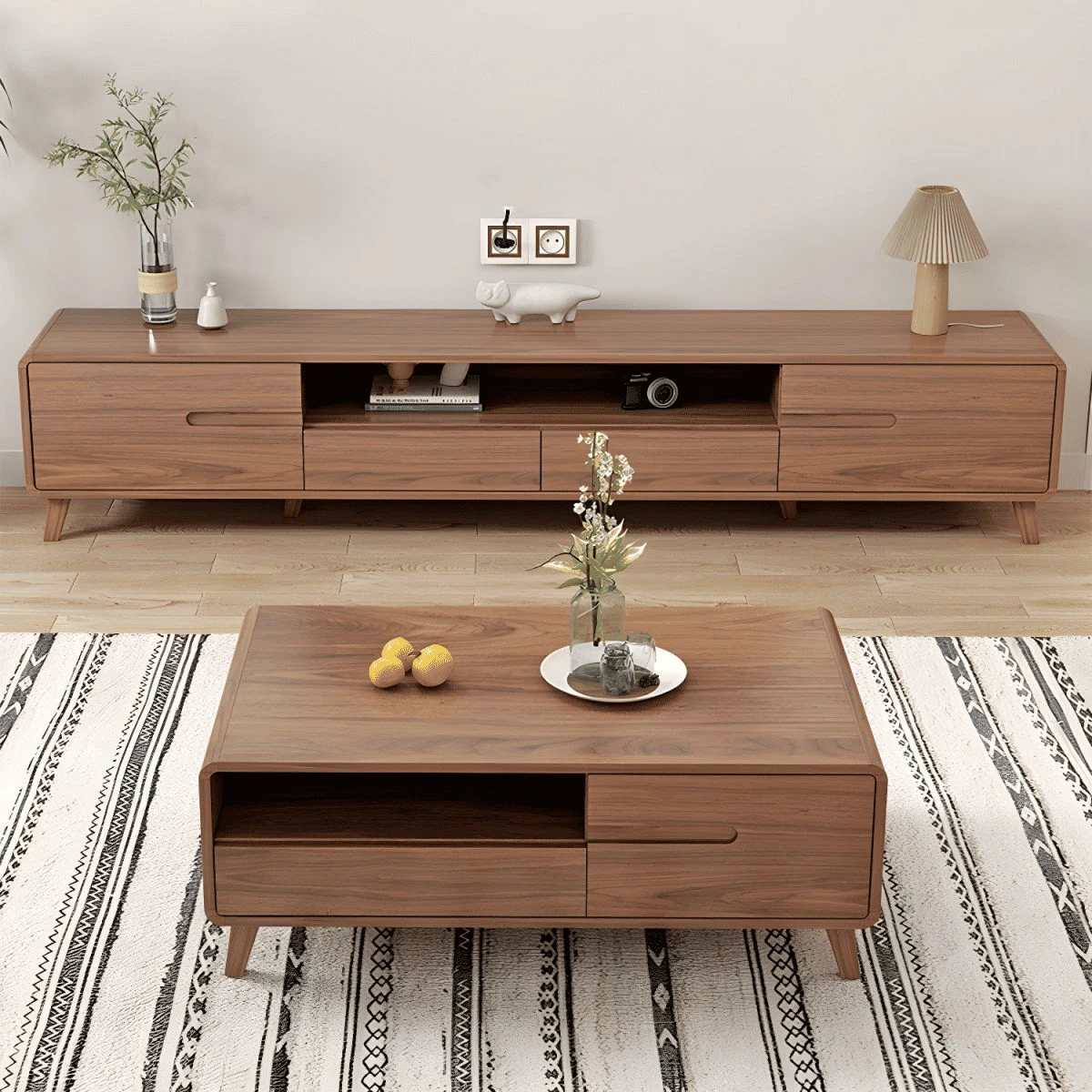 KTV-02 Modern Dikdörtgen TV Sehpası Ahşap 2 Çekmeceli 2 Dolaplı