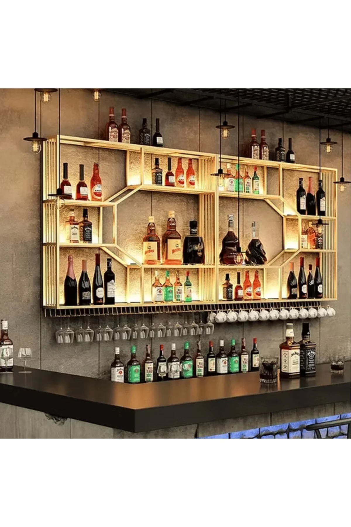 ŞRP1004 Modern Duvara Monte Metal Ahşap Panel Şaraplık Standı