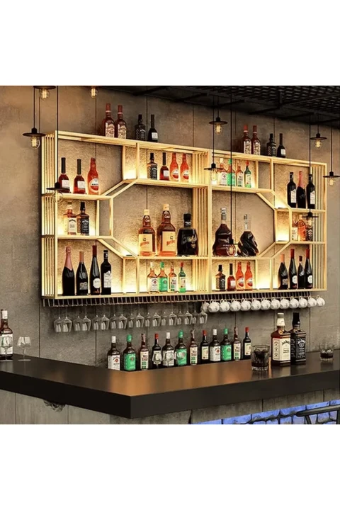 ŞRP1004 Modern Duvara Monte Metal Ahşap Panel Şaraplık Standı