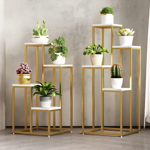 KC-0132 4-Katlı Kare MDF Bitki Standı, Altın/Beyaz