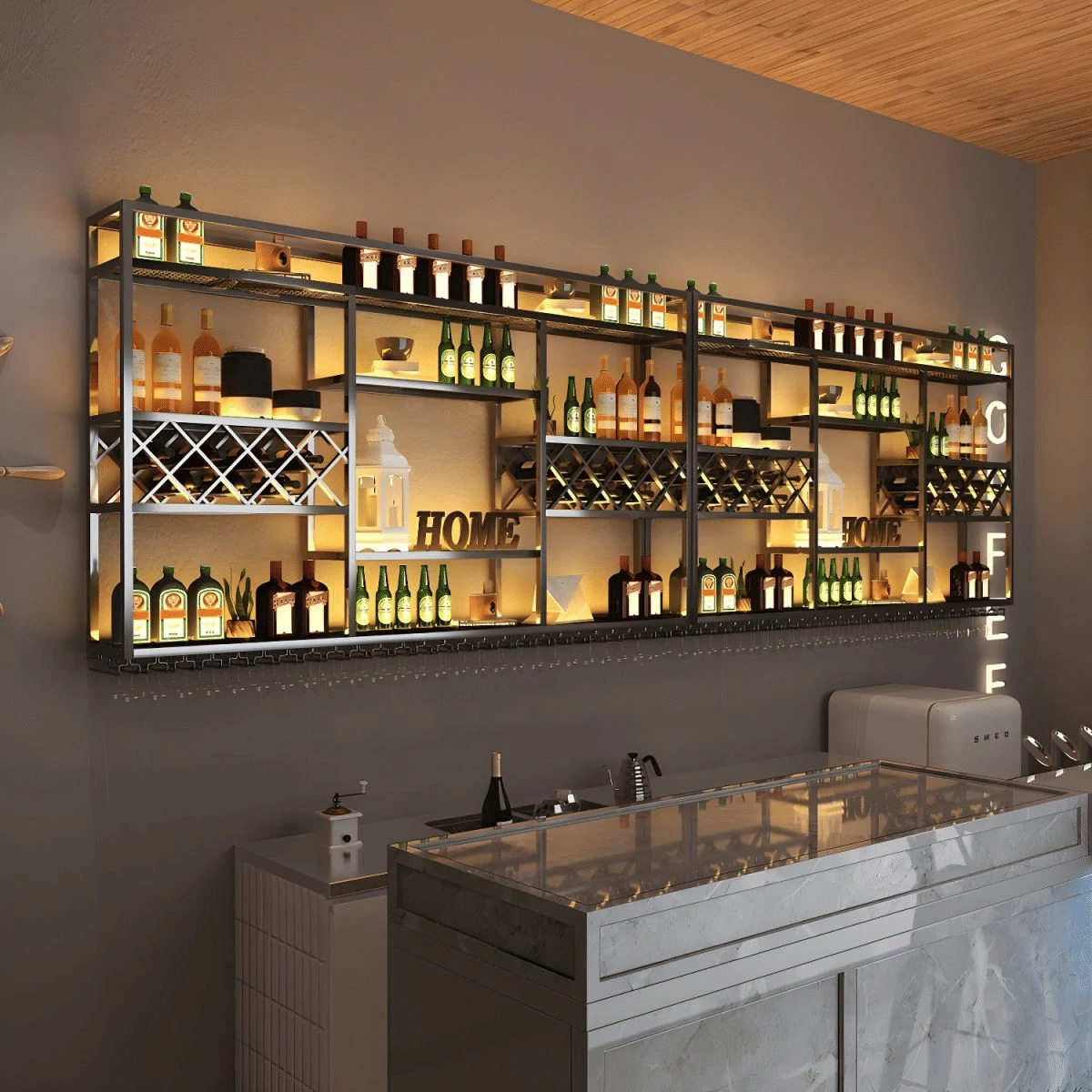 KC-0252 Endüstriyel Metal Duvara Monte Şarap Rafı Cafe Bar Otel Şaraplık