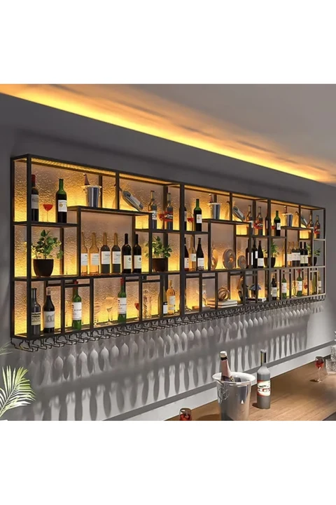 ŞRP5348 Modern Endüstriyel Metal Duvara Monte Şarap Dolabı Rafı