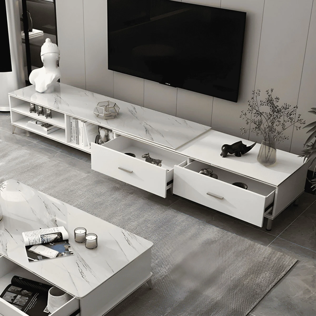 KTV-020 Modern Dikdörtgen TV Sehpası Ahşap 2 Çekmeceli Raflı 200 cm