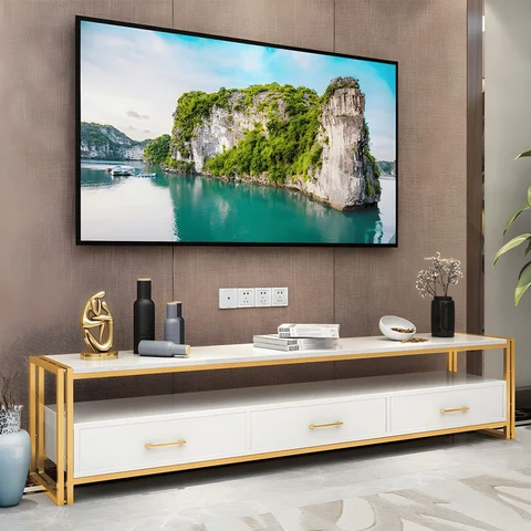 KTV-01 Modern Dikdörtgen TV Sehpası Mermer 3 Çekmeceli Açık Raflı