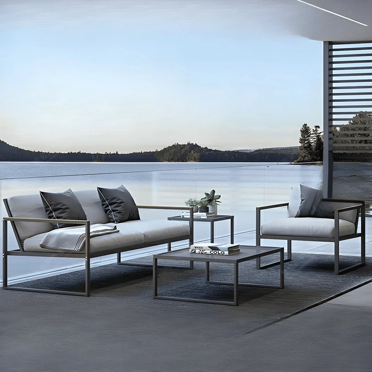 KC-0111 Modern 4 Parçalı Bahçe Koltuk Takımı, Masif Ahşap Kollu, Gri