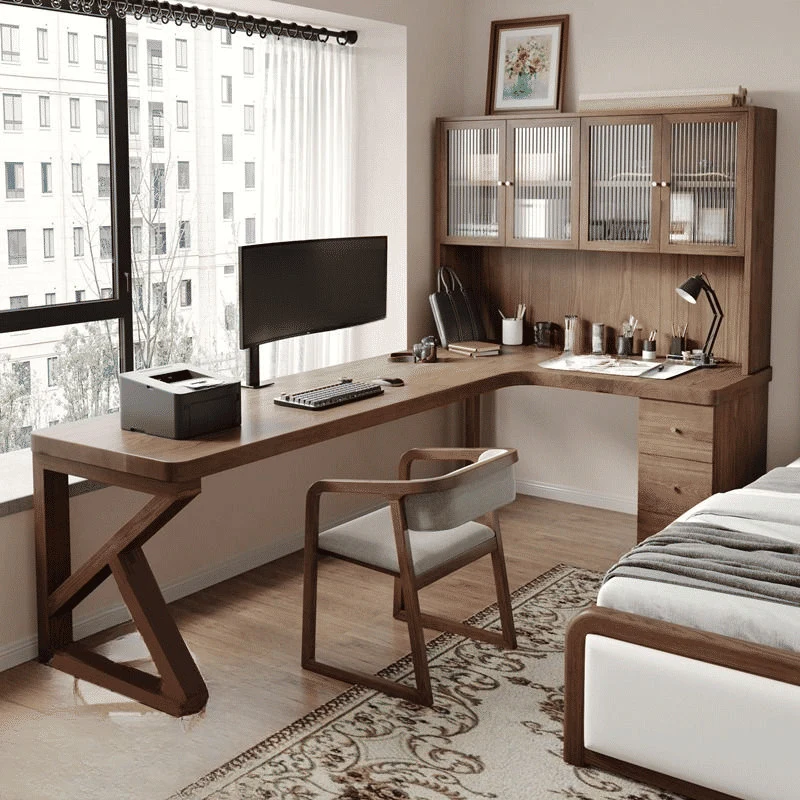 ÇLM48155 Modern Ahşap Kahverengi L Şekilli Üst Dolaplı Çalışma Masası