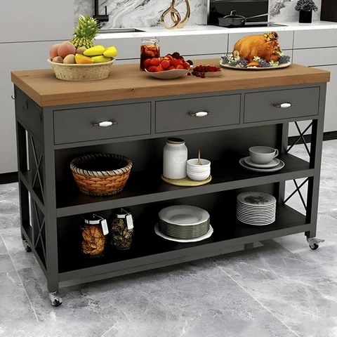 KC-0219 Modern Tekerlekli Mutfak Adası MDF Tezgahlı Çekmeceli Metal Ayaklı