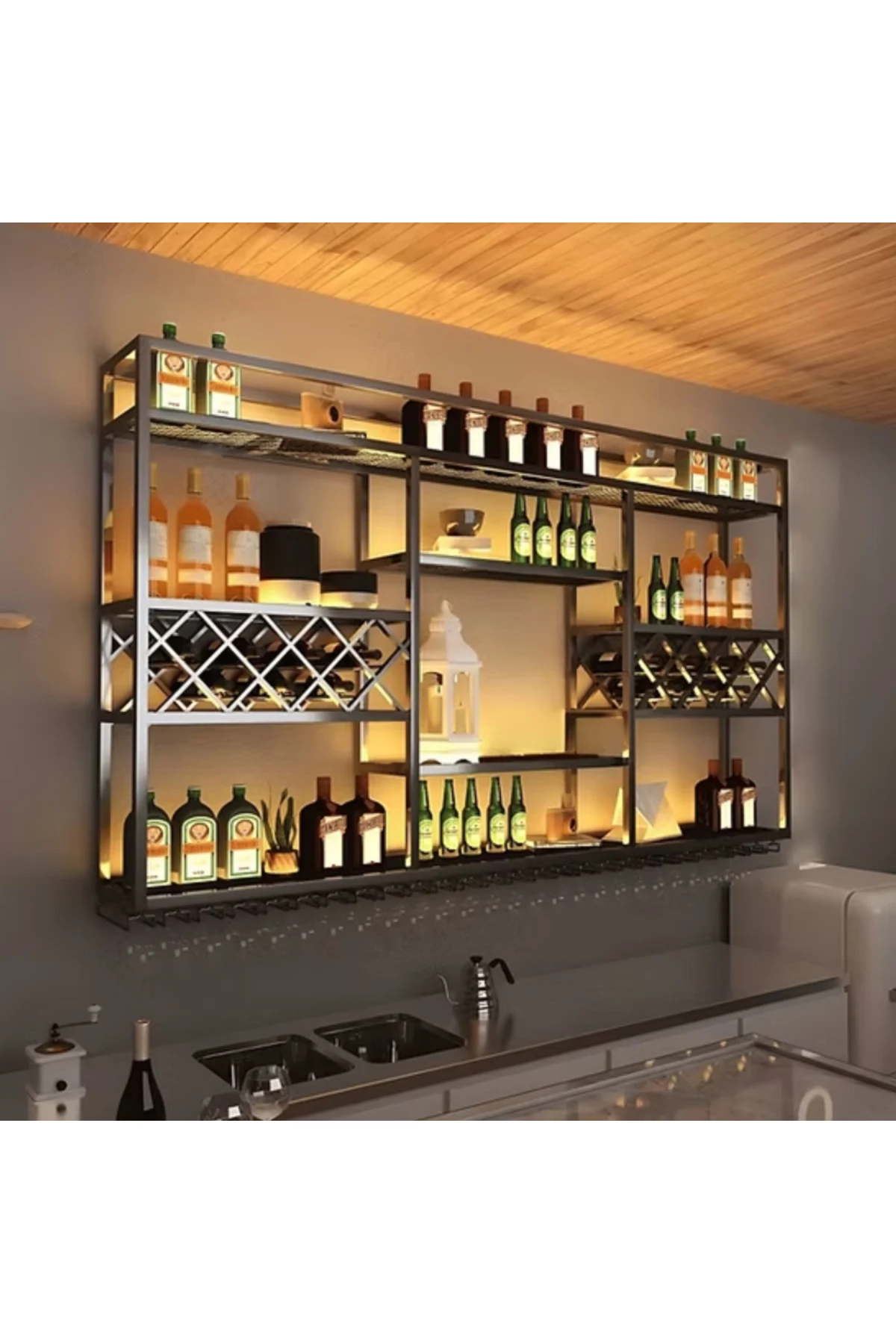 KC-0252 Endüstriyel Metal Duvara Monte Şarap Rafı Cafe Bar Otel Şaraplık 150cm