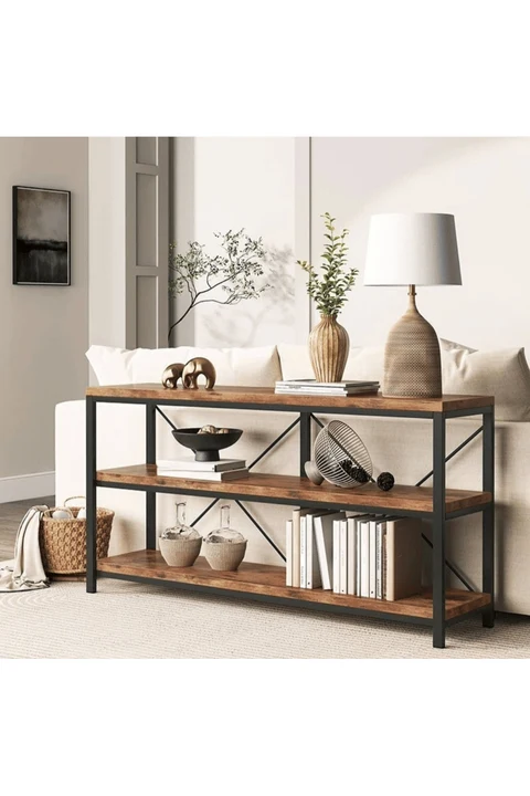 KC-0199 Endüstriyel Metal Çerçeveli MDF Konsol Masası, 2 Raflı