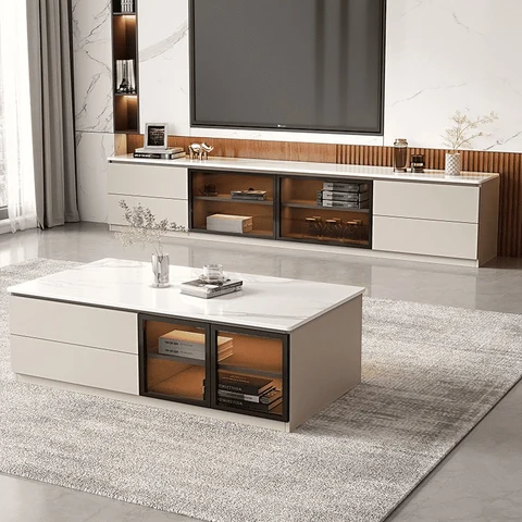 KTV-021 Modern Dikdörtgen TV Sehpası Ahşap 4 Çekmeceli Raflı